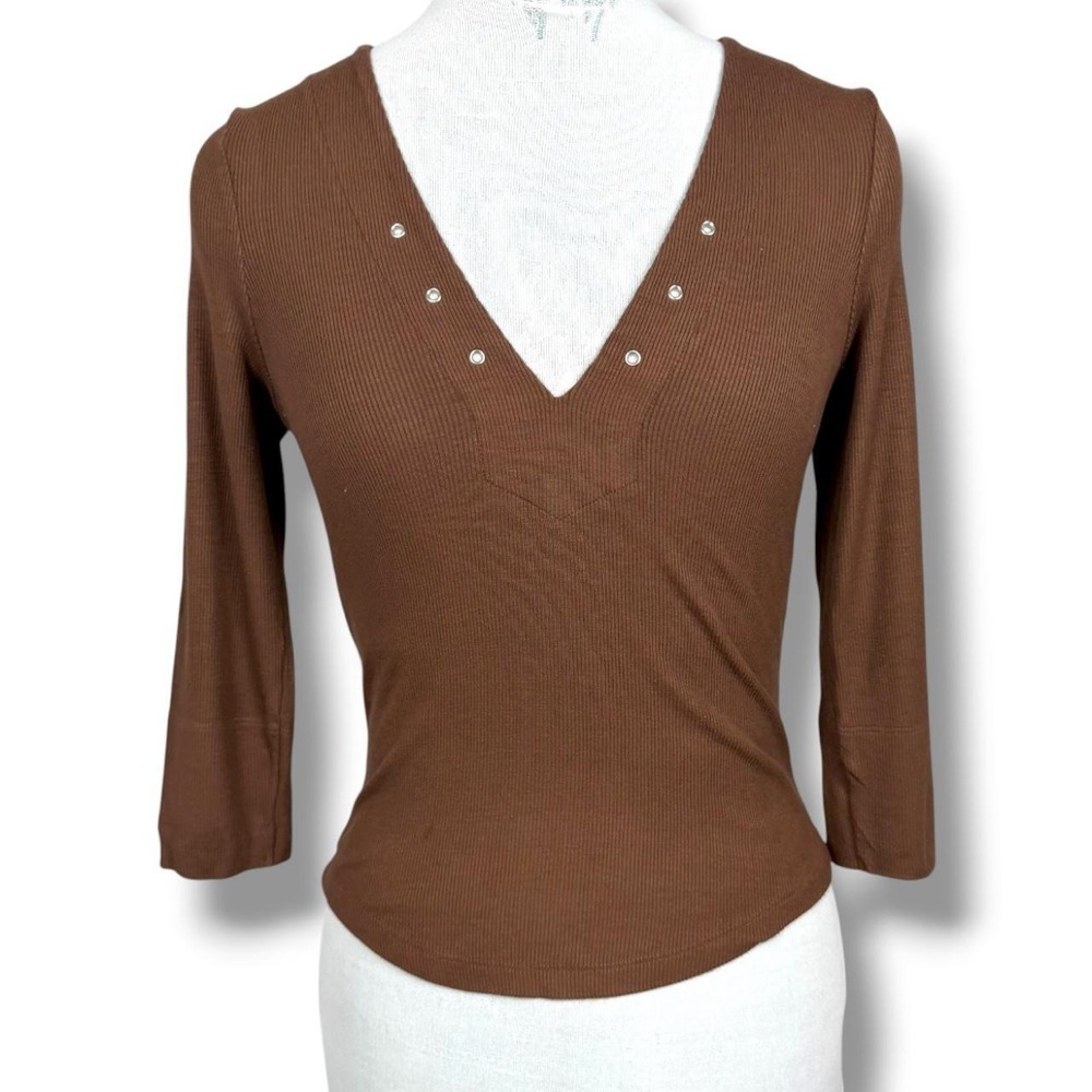Bebe Brown Ribbed V-Neck Eyelet Cutout Top Sz M Y2K